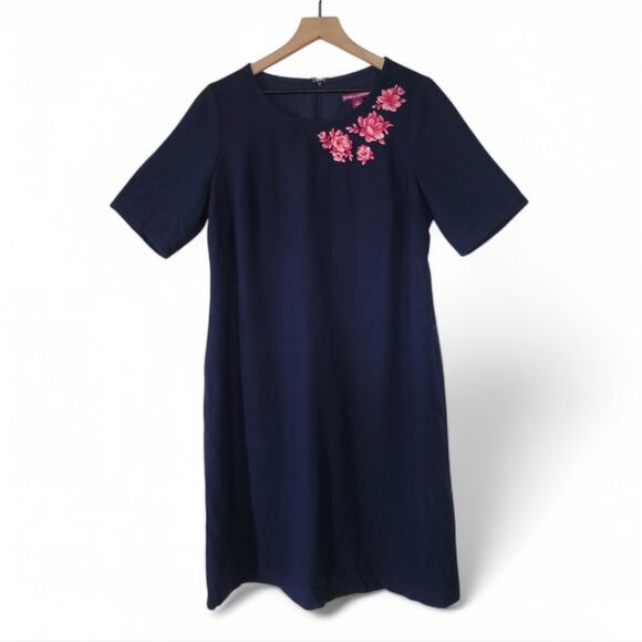 Jessica London Navy Dress with Pink Floral Embroidery – Wool Blend Size 14 - Picture 3 of 6